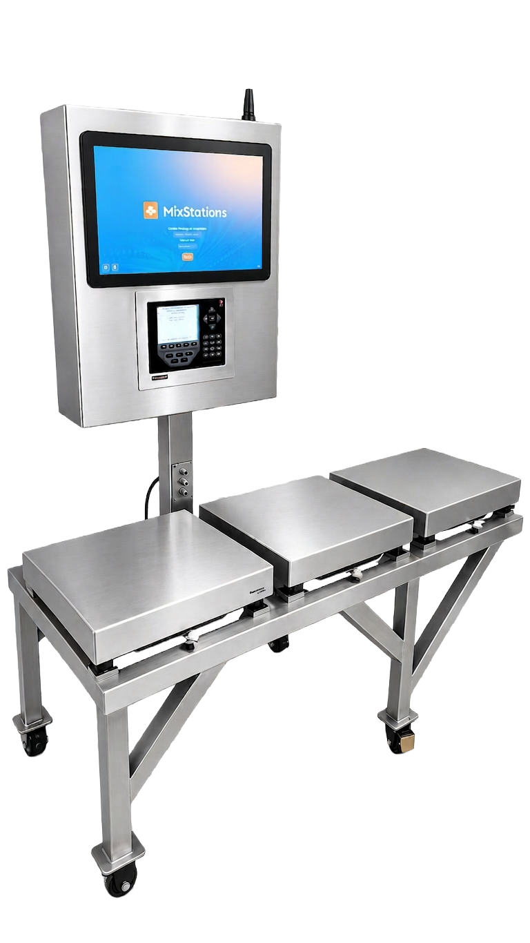 MixStation Multiple — gabinete rectangular con estructura para tres plataformas de pesaje simultáneo